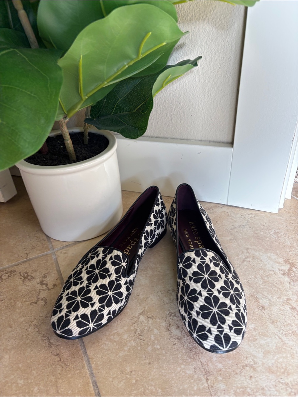 kate spade Black & White Floral Canvas Slip-On Loafers